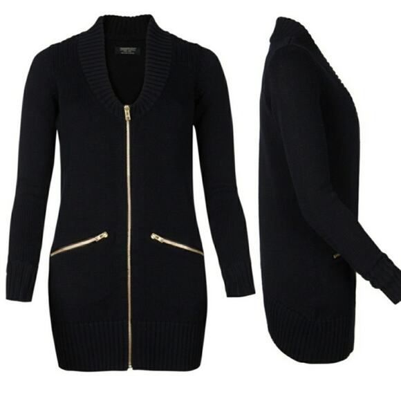 All Saints Navy Contrast Long Zip Knit Cardigan Size 8 100% Cotton - Picture 1 of 7